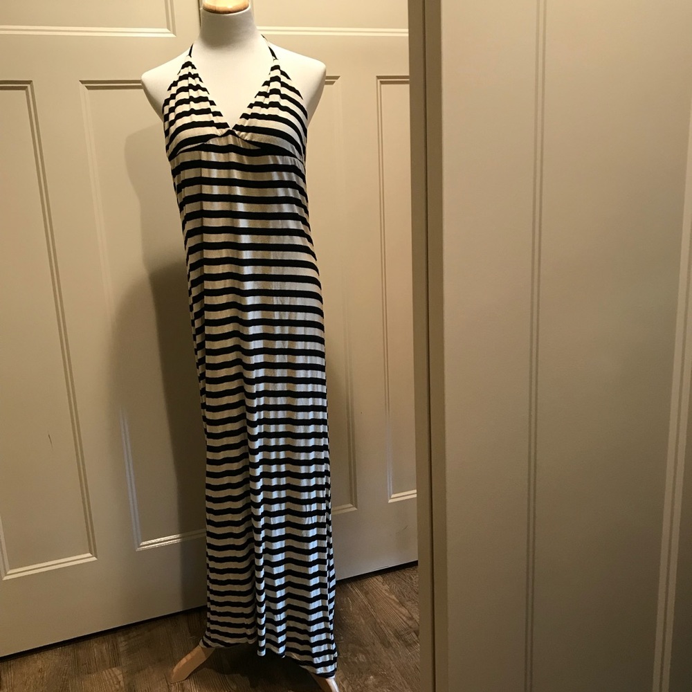 Cream & Black striped halter dress by Ella Moss